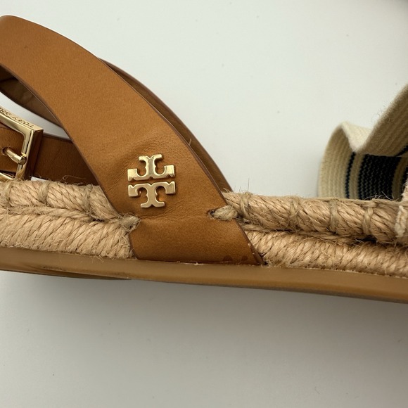 Tory Burch Espadrille Sandals Blue Ivory Striped Leather Ankle Strap Jute Size 8 - Picture 12 of 13